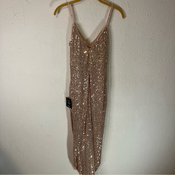 LULU’S Glamorous Arrival Rose Gold Sequin Midi Tulip Dress - Picture 8 of 13